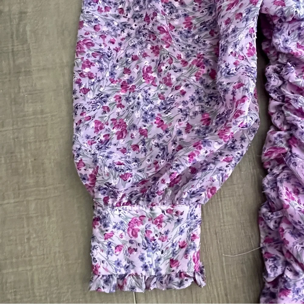 Zara Dress XS Mini Purple Floral Ruched‎ Chiffon Balloon Sleeves Elasticated - Picture 7 of 14